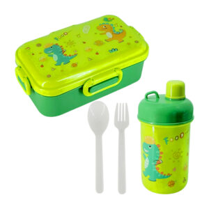 Juego de tupper rectangular con 2 cubiertos y botella con capacidad de 500ml aprox + estampado de personajes animados, variedad de modelos / 78207