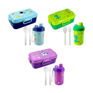Juego de tupper rectangular con 2 cubiertos y botella con capacidad de 500ml aprox + estampado de personajes animados, variedad de modelos / 78207