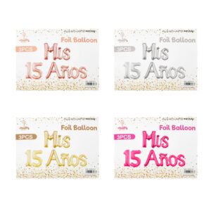 Paquete con 3 globos efecto metálico con frase Mis 15 años