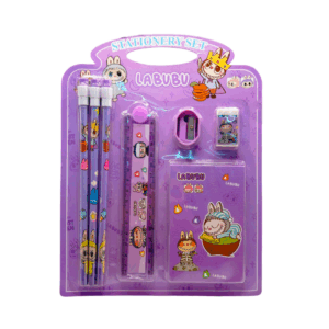 Set de papelería labubu: 3 lápices, regla, sacapuntas, borrador y libreta