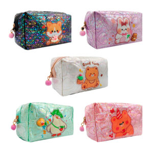 Cosmetiquera plastificada con detalles de corazón, figura estampada de animal animado, cierre con decoración de pompón + colgante afelpada, variedad de modelos / ay-1253 / cosmetiquera animalito