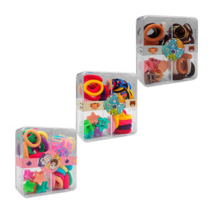 Estuche transparente con 3 diferentes tipo de ligas para el cabello, lisas, corrugadas - onduladas, latex y mini pinzas - broches para el cabello, en colores surtidos / ay-96 / caja transparente con ligas y broches