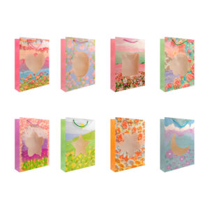 1pza Bolsa de regalo grande con diseño de pintura floreado o paisaje, textura de brillantina y ventana transparente de diferentes formas, 31x40x12cm, variedad de diseños / bt-2762-l / 410012