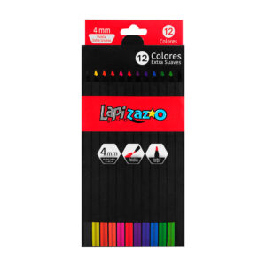 Caja con 12 lápices de colores profesionales de punta gruesa 4mm con cuerpo de madera negro / c-998-45 / lapizazo