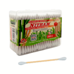 Caja transparente con 200 cotonetes de bambú con doble punta / nitram
