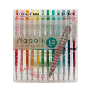 Caja con 12 plumas semitraslúcidas, con botón, asa colgante, tinta de tipo gel brillante y estampado de triángulos, variedad de colores / chosch / cs-g129 / napoli
