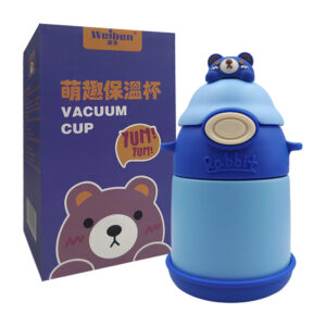 Botella tipo termo, de 500ml diseño infantil recubrimiento de plástico, correa decorativa, popote y stickers + figura decorativa 3d de animalito, variedad de colores / botella rabbit / cup-973 / wb-5270