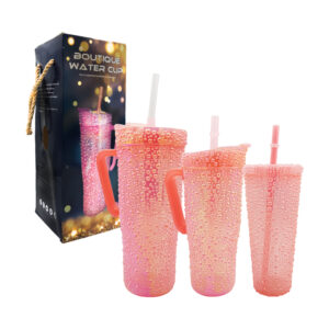 Juego de 3 vasos con textura aperlada adiamantada con asas y popotes / water cup