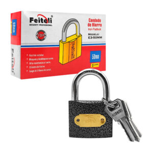 Candado feiteli de hierro, 50mm gancho medio, mecanismo suave, resistente al corte, nivel de seguridad medio, con placa decorativa y diseño texturizado + juego de llaves / e3-50 / e3-50mm / e350
