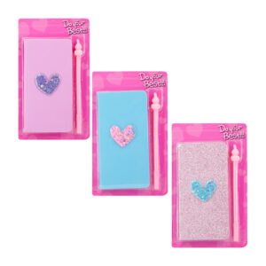 Cuaderno con o sin diamantina corazón con estrellas o frutas + pluma, multicolor