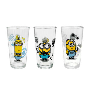 Vaso de vidrio redondo transparente con diseño de minions y capacidad de 480ml, variedad de diseños / h4-vr393 / h4-vr394 / h4-vr395