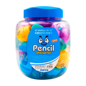 Bote con 56 sacapuntas de plástico con mini recipiente para basura y estampado infantil, variedad de colores / j080 / cl-128