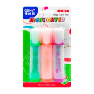 Blíster de papelería con 3 marcatextos grandes, semitraslúcidos, con diseño cuadrado, variedad de colores / g-301 / gshit / g-300