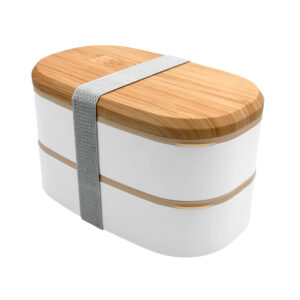 1pzaTupper rectangular semirredondeado, apilable, con dos compartimientos, cubiertos de plástico, tapa tipo madera y banda elástica, variedad de usos / kl-377