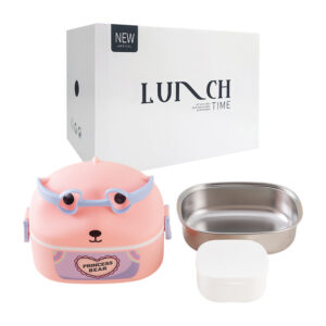 1pza Tupper montable con diseño de animal animado, con asa agarradera, bandeja metálica interna, mini tupper cuadrado y cubierto de plástico, variedad de usos / lunch time / new arrival / kpbl-007 / princess bear
