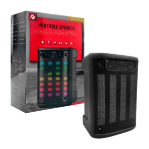 Bocina BT portátil, frente metálico con 4 barras de luz rgb, usb/tf/mic y asa