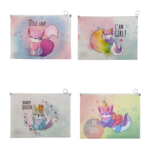 Folder semitransparente con destellos, y estampado de animales kawaii