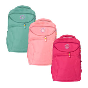 Mochila escolar lisa, 4 compartimentos, cierres de goma y parche happy vesolo