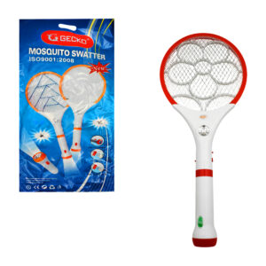 Raqueta eléctrica blanca mata mosquitos, recargable, mango desmontable con linterna led y en raqueta, variedad de colores y diseños / ltd-208 / gecko / mosquito swatter