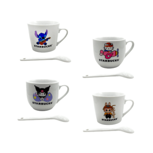 Taza de cerámica con cuchara y estampado de personajes animados, diseños varios