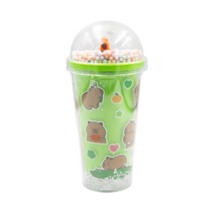 Vaso de acrílico con luces led, popote, tapa tipo domo con bolitas y estampado de capibara, variedad de colores / lu1214