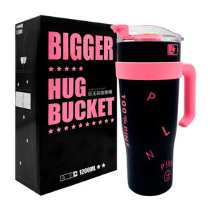 1pza Vaso termo metálico con asa agarradera, tapadera translúcida y estampado de letras / bigger hug bucket / pink / 1200ml / n1-108