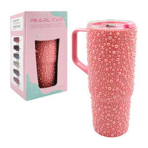 1pza Vaso termo grande de plástico rígido, con asa agarradera, decoración de perlas y textura diamantada, variedad de colores / pearl cup / 40oz / of-220