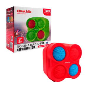 Bocina portátil 3´, luz rgb, fm, usb-tf, diseño frontal con 4 círculos y relieve