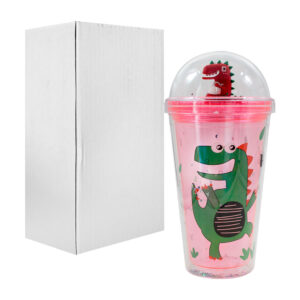 1pza Vaso de acrílico semi translúcido, con mini figuras brillantes tipo diamantina, estampado y figura de dinosaurio animado / sb-003
