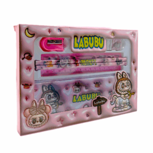 Kit de papelería con estuche metálico, 2 lápices, regla, borrador y sacapuntas + estampado de labubu / sp-107