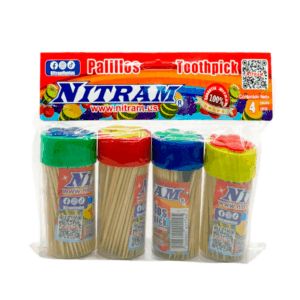 Blíster de 4 botes con palillos dentales de madera, con tapa de flor / nitram