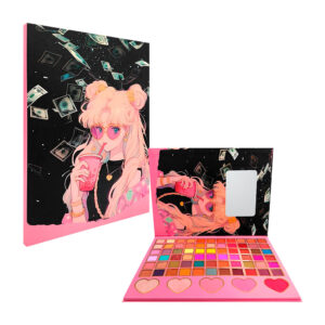 Paleta de maquillaje con 66 tonos de sombras para ojos en tonos luminosos, con glitter o terminación matte, 3 rubores, 2 iluminadores + espejo, estampado de personaje kawaii, variedad de colores / ts-974 / paleta anime