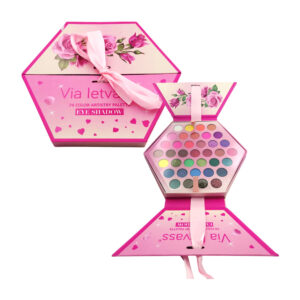 1pza Paleta grande hexagonal de sombras con 74 colores, estuche plegable, moño y estampado de rosas, variedad de usos / via letvass / vl-double-74