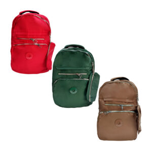 Mochila mediana lisa, 5 compartimentos, cierres plateados + bolsa multifuncional