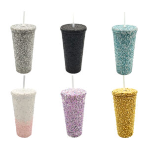 1pza Vaso tipo termo de plástico rígido con cubierta perlada o diamantada y popote de plástico, variedad de colores / ys004-d / vaso perla/ vaso diamante / vs004-d