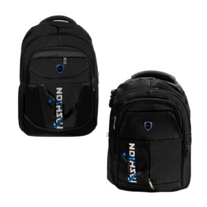 Mochila con 4 compartimentos, leyenda Fashion en vertical, placa y&l y candado