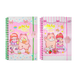 Cuaderno doble portada, broche elástico, niña y oso kawaii, variedad