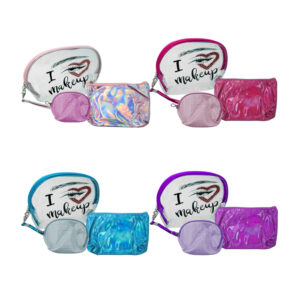 Juego con 3 bolsas, cosmetiquera mediana de plástico con ojo y frase, bolsa tipo muñequera chica y cosmetiquera pequeña, variedad de colores / set de 3 cosmetiqueras / i love makeup / ay-1342