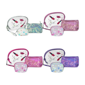 Juego con 3 bolsas, cosmetiquera mediana de plástico transparente maquillaje y frase decorativas, bolsa tipo muñequera chica y cosmetiquera pequeña con estampado de corazones, variedad de colores / set con 3 cosmetiqueras / ay-1344