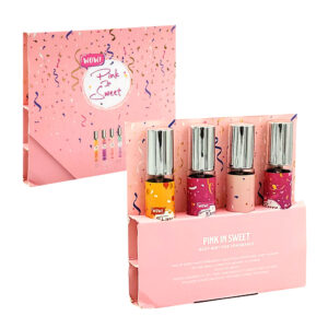 Blíster de 4 perfumes pequeños cilíndricos con detalles en color metálico y medida de 20 ml, variedad de olores y diseños / pink in sweet / h709
