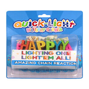 Blíster con 13 velas de colores en forma de letras y efecto de brillantina con frase happy birthday, variedad de colores / bt-2750 / 425687 / quick-light / amazing chain reaction