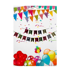Banderín de 15 pzas con frase felíz cumpleaños, letras de puntos y marco en colores neón, variedad de colores / bt-726