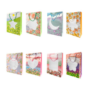 1pza Bolsa de regalo mediana con diseño de pintura floreado o paisaje, textura de brillantina y ventana transparente de diferentes formas, 26x32x10cm, variedad de diseños / bt-2762 / 410029