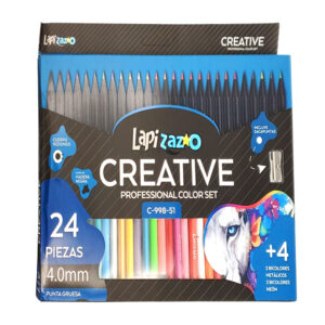 Caja con 24 lápices de colores profesionales de punta gruesa 4.0mm con cuerpo de madera negro + 4 lápices bicolores y sacapuntas / c-998-51 / lapizazo / creative