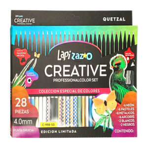 Caja con 28 lápices profesionales de colores neón, pastel, metálico y arcoíris, de punta gruesa 4.0mm con cuerpo de madera negro + sacapuntas / c-998-53 / lapizazo