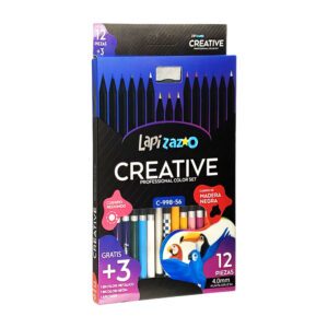 Caja con 12 lápices de colores profesionales de punta gruesa 4.0mm con cuerpo de madera negro, sacapuntas + 3 lápices bicolor, arcoíris y metálico / c-998-56 / lapizazo