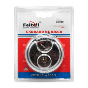 Candado de disco, 80mm de acero inoxidable, uso rudo resistente al corte e impactos, anticorrosión + juego de llaves / cd80