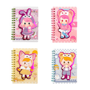 Mini libreta con espiral doble metálico, broche de velcro y estampado kawaii