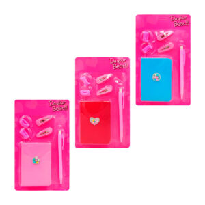 Mini libreta pasta dura, lapicero y accesorios para cabello, colores surtidos