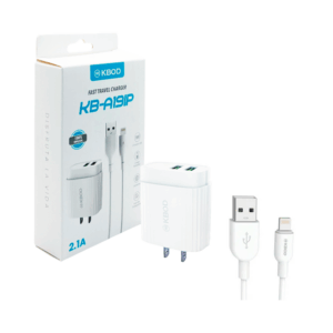 Combo cargador kbod con cubo cargador de doble entrada usb y cable de usb a lightning / fast travel charger / 2.1a / kb-a19ip